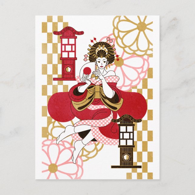 花 魁 と 行 (Oiran och Andon) Vykort (Framsida)