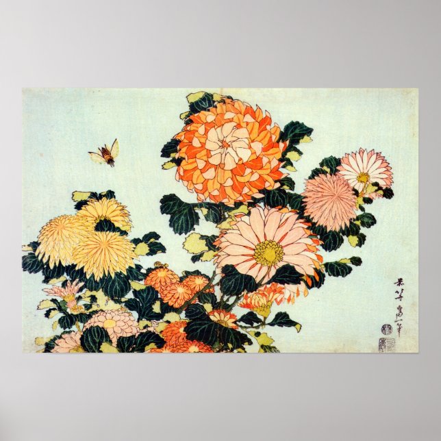 菊 蜂, 北 斎 Chrysanthemum och Bee, Hokusai Poster (Framsidan)