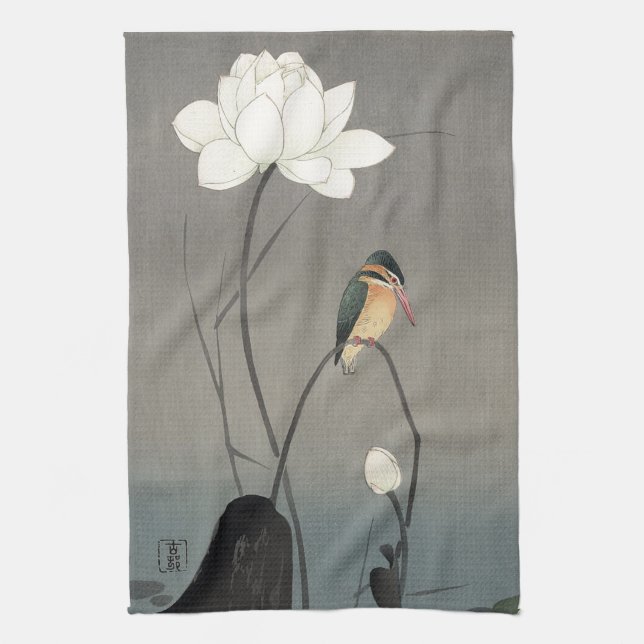 蓮にカワセミ 古邨Kingfisher på lotusblomma, Koson, Ukiyo-e Kökshandduk (Vertikal)
