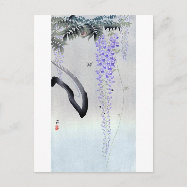 藤 の, 古 邨 Blommar Wisteria, Ohara Koson, Woodcut Vykort (Framsida)