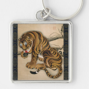 虎 図, 若 Tiger, Jakuchu Fyrkantig Silverfärgad Nyckelring