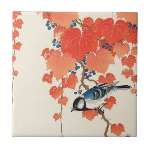 赤い蔦に鳥 古邨fågel på den röda murgrönaen, Koson, Kakelplatta