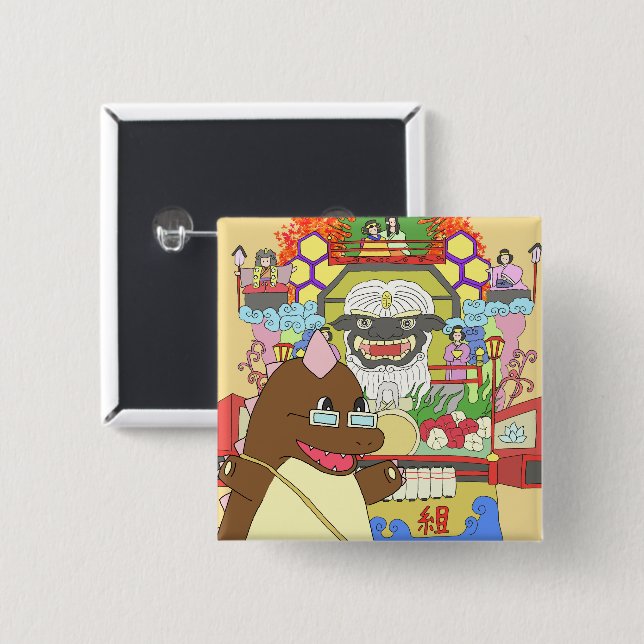 道の駅くじ　やませ土風館オリジナルキャラクターどっふぅくん　スクエア缶バッジ KNAPP (Framsida & baksida)