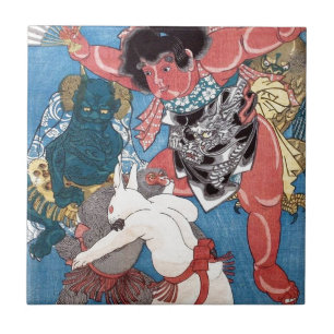 金太郎と動物, 国芳 Kintaro & djur, Kuniyos Kakelplatta
