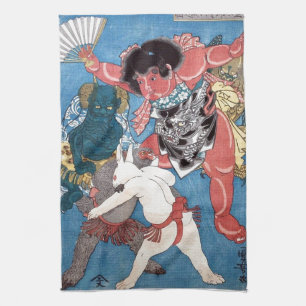 金太郎と動物, 国芳 Kintaro & djur, Kuniyoshi, Ukiyo-e Kökshandduk