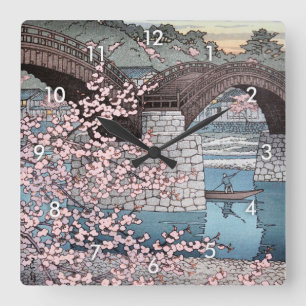 錦帯橋の春宵 vår på Kintai överbryggar, Hasui Kawase Fyrkantig Klocka