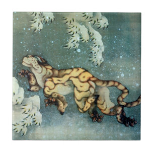 雪中虎図 北斎tiger i snön, Hokusai, konst Kakelplatta