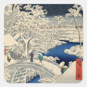 雪 の 太 橋, 広 重 Snowy Drum bridge, Hiroshige, Ukiyo-e Fyrkantigt Klistermärke