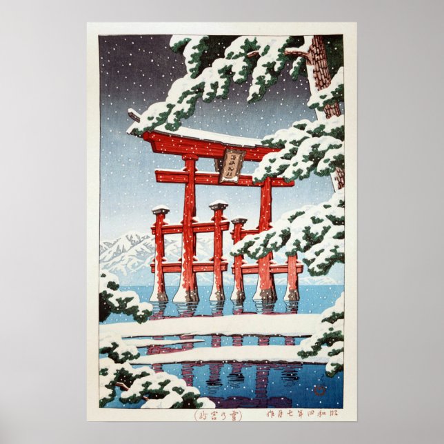 雪 の 島, Miyajima i Snö, Hasui Kawase, Woodcut Poster (Framsidan)