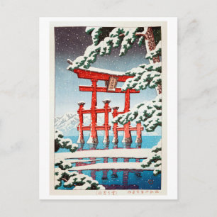 雪 の 島, Miyajima i Snö, Hasui Kawase, Woodcut Vykort