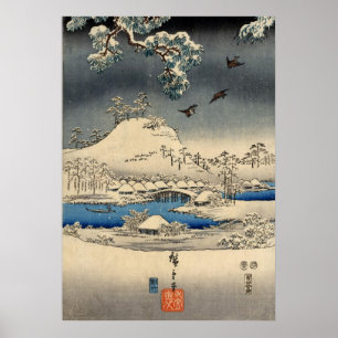 雪 景 色 雀, 広 重 Sparrows i Snö Ligcape, Hiroshige Poster