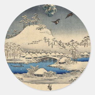 雪 景 色 雀, 広 重 Sparrows i Snö Ligcape, Hiroshige Runt Klistermärke