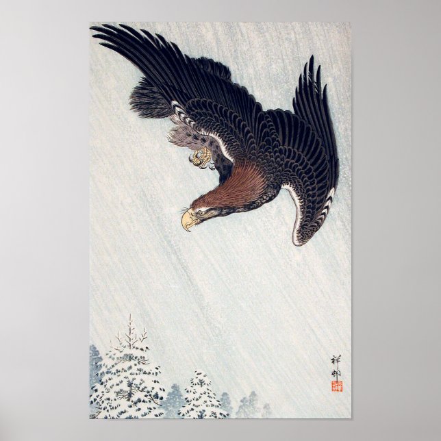 雪 鷲, 古 Eagle som flyger i Snö, Ohara Koson, Woodcu Poster (Framsidan)