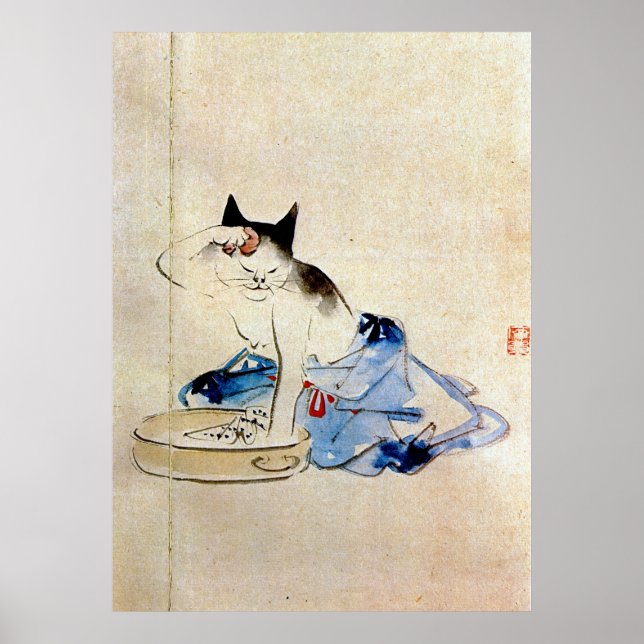 顔 を う 猫, 広 Cat Ansikte Tvättar, Hiroshige Poster (Framsidan)
