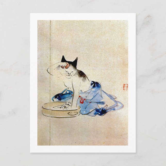 顔 を う 猫, 広 Cat Ansikte Tvättar, Hiroshige Vykort (Framsida)