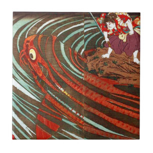 鬼若丸の鯉退治 gigantisk Carp för 国芳, Kuniyoshi, Ukiyo-e Kakelplatta