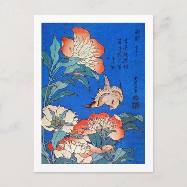 鳥 と 薬, 北 Bird and Peony, Hokusai, Ukiyoe Vykort (Framsida)