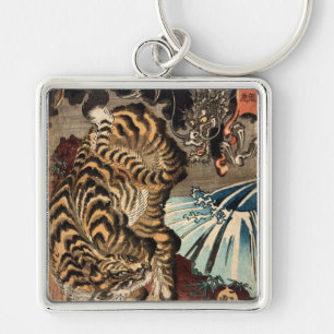 龍虎, 国芳tiger & drake, Kuniyoshi, Ukiyo-e Fyrkantig Silverfärgad Nyckelring