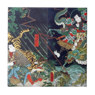 龍 虎, 豊 Dragon & Tiger, Toyokuni, Ukiyo-e Kakelplatta