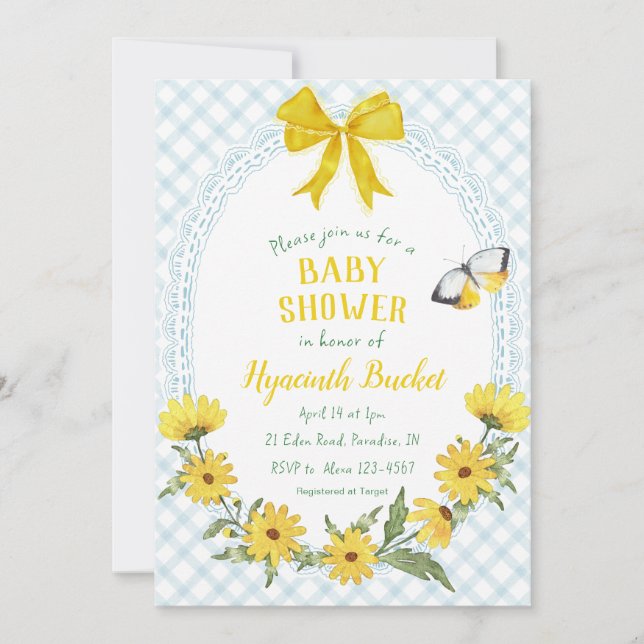 001 Himmelblå Gul Tusenskönasliv Babyshower Inbjudningar (Framsida)