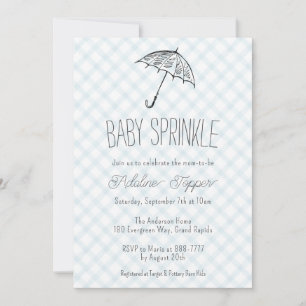 001 Himmelblå Modern Paraply Baby Sprinkle Gingham Inbjudningar
