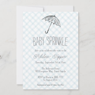 001 Himmelblå Modern Paraply Baby Sprinkle Gingham Inbjudningar