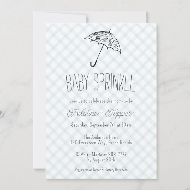 001 Himmelblå Modern Paraply Baby Sprinkle Gingham Inbjudningar (Framsida)