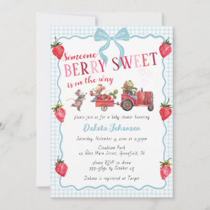 001 Himmelblått Gingham Berry Sweet Farm Barnrumsf Inbjudningar