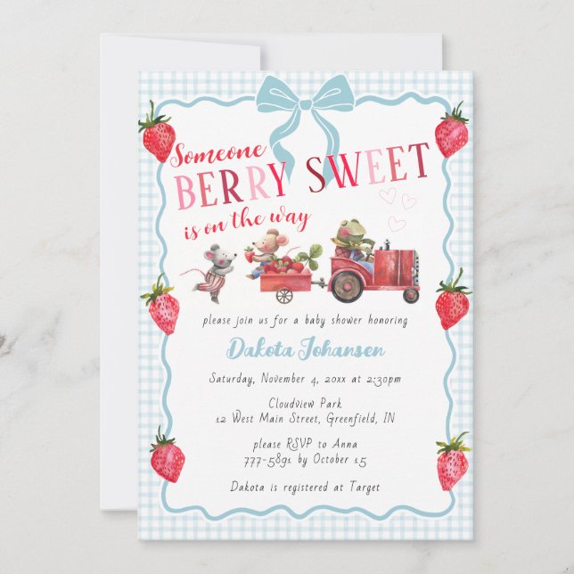 001 Himmelblått Gingham Berry Sweet Farm Barnrumsf Inbjudningar (Framsida)