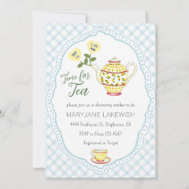 001 Ljusblå Söt Gingham Tekalas Baby Shower Inbjudningar