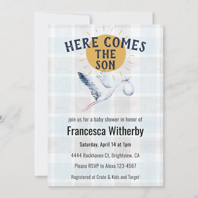 001 Sky 020 Fog Sun Plaid Stork Baby Shower Inbjudningar (Framsida)