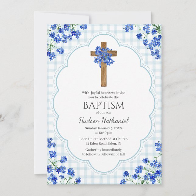 001 Sky Blue Blossom Rustic Cross Design Baptism Inbjudningar (Framsida)