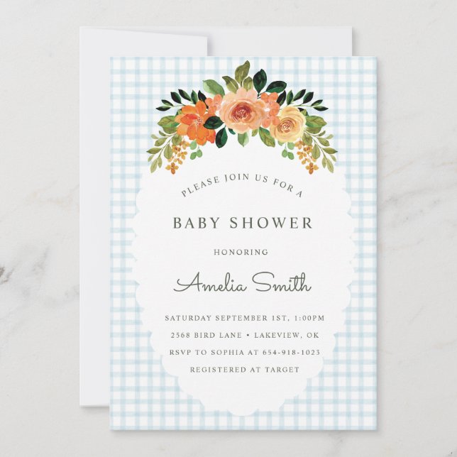 001 Sky Blue Floral Gingham Baby Shower Invitation Inbjudningar (Framsida)