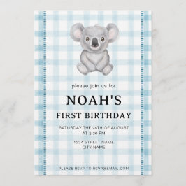 001 Sky Blue Plaid Koala 1st Birthday Invitation Inbjudningar