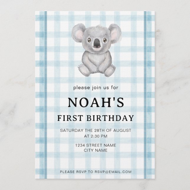001 Sky Blue Plaid Koala 1st Birthday Invitation Inbjudningar (Framsida)