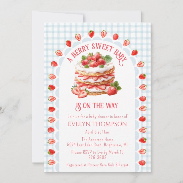 001 Sky Blue Strawberry Shortcake Baby Shower Inbjudningar (Framsida)