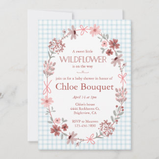 001 Sky Blue Wildflower Bow Frame on Gingham Baby Inbjudningar
