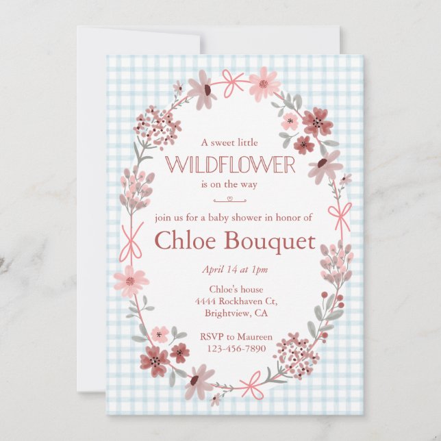 001 Sky Blue Wildflower Bow Frame on Gingham Baby Inbjudningar (Framsida)
