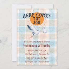 001 Vattenfärg Rutig Stork Boho Bebis Shower Inbjudningar