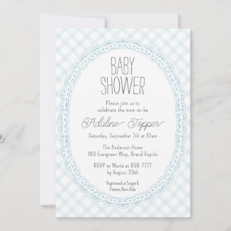 001 Vintage spetsram Gingham Bebis Shower Inbjudningar