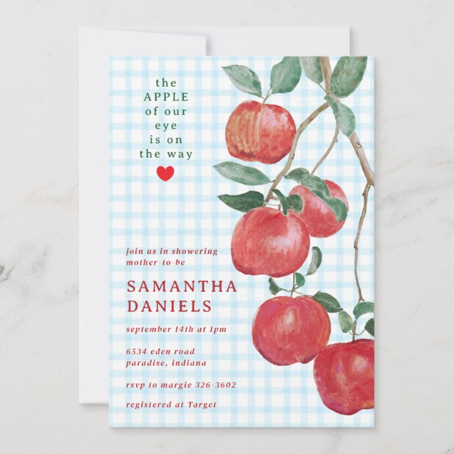 002 Cerulean Äpple av Vårat Öga Gingham Bebisfest Inbjudningar (Framsida)