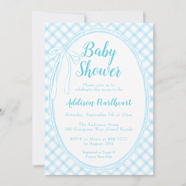 002 Cerulean Arvslinjärn Gingham Baby Shower Inbjudningar (Framsida)