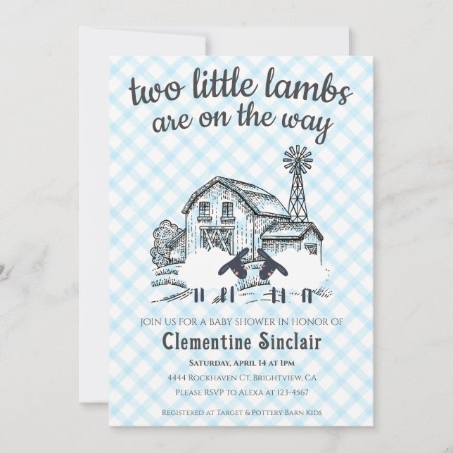 002 Cerulean Blå Lilla Lamm Rutig Baby Shower Inbjudningar (Framsida)