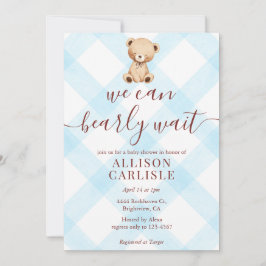 002 Cerulean Blå Teddybjörn Gingham Bebis Bebisfes Inbjudningar