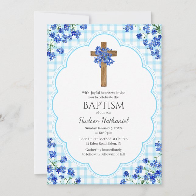 002 Cerulean Blommande Rustik Kors Design Dop Inbjudningar (Framsida)