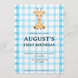 002 Cerulean Blue Check Giraffe Birthday Invite Inbjudningar