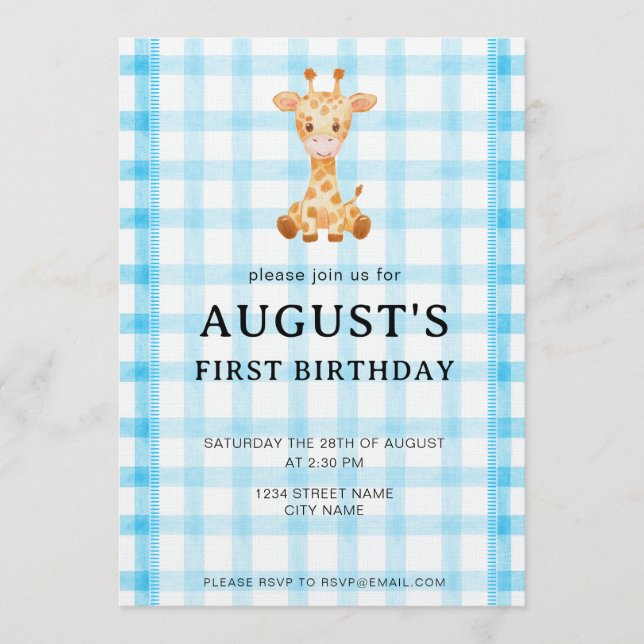 002 Cerulean Blue Check Giraffe Birthday Invite Inbjudningar (Framsida)