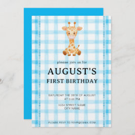 002 Cerulean Blue Check Giraffe Birthday Invite Inbjudningar