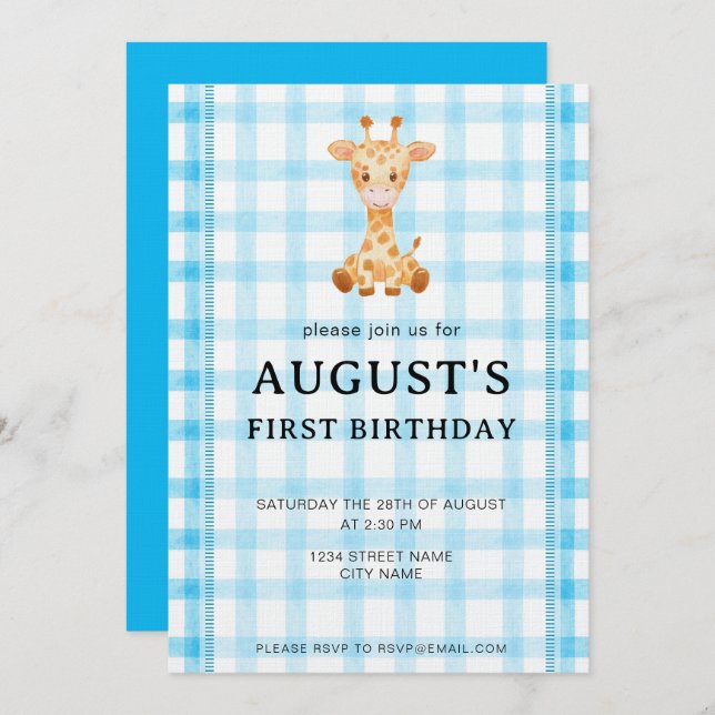 002 Cerulean Blue Check Giraffe Birthday Invite Inbjudningar (Fram/baksida)
