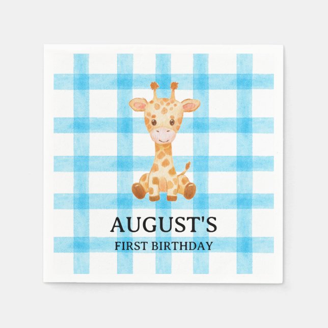 002 Cerulean Blue Check Giraffe Napkin Pappersservett (Framsidan)